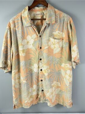 Tommy Bahama Silk Hawaiian Button Down Shirt Size XL Men's Floral Tropical Peach